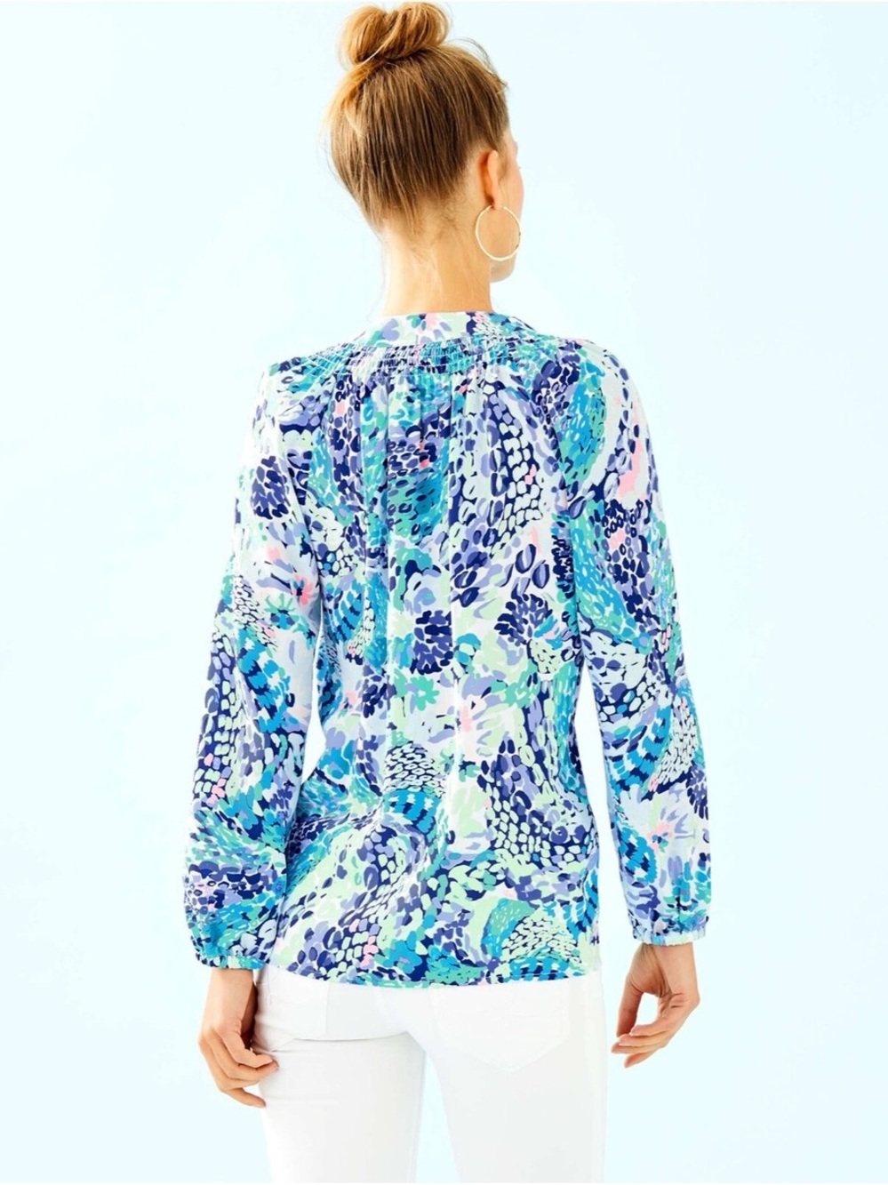 Lilly Pulitzer 100% Silk Blue Turquoise Floral Split-Neck Blouse - Picture 2 of 7